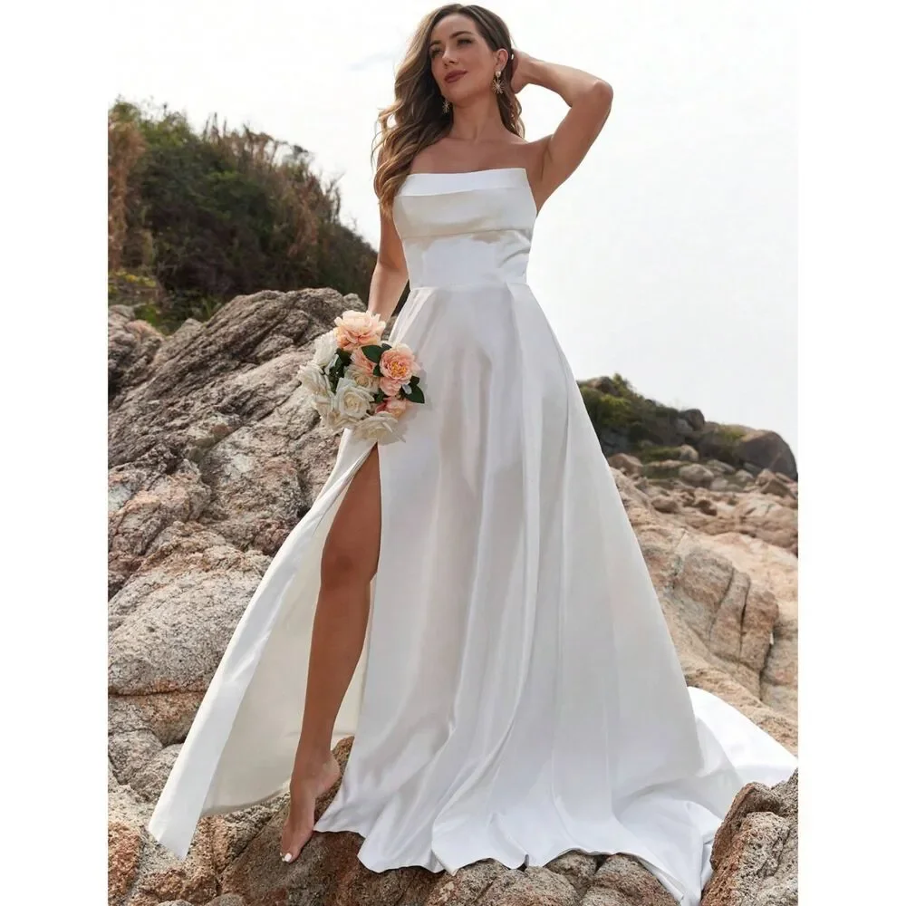 Modern Wedding Dress Satin Simple Plain Wedding Gown Corset Silk Side Slit Prom - Picture 6 of 8